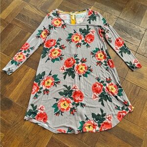 Matilda Jane Gray Dress with Red and Green Floral Pattern